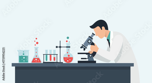 Scientist examining samples with a microscope and laboratory equipment.