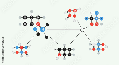 Molecular structures with atoms connected by lines representing bonds.