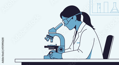 Scientist in lab coat using microscope with beakers on shelf.
