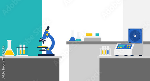 Laboratory equipment including microscope, flasks, test tubes, and a centrifuge.