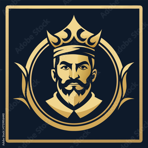 Gold King Portrait Emblem: Regal Vector Illustration, Vintage Style Design