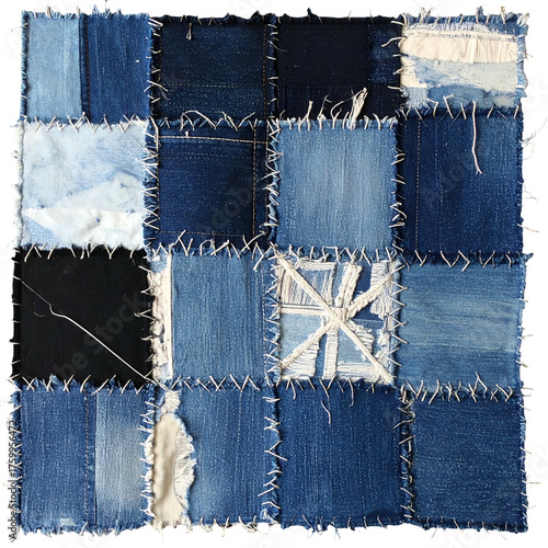 A square quilt constructed from various shades and textures of recycled denim squares