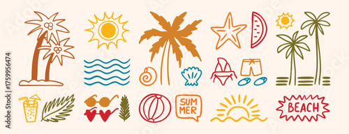 Doodle colorful line icons of palm trees, sun, waves, sunglasses, and beachwear. Palm trees and sun evoke a tropical vibe. Waves and beachwear suggest a summer theme. set, doodle.