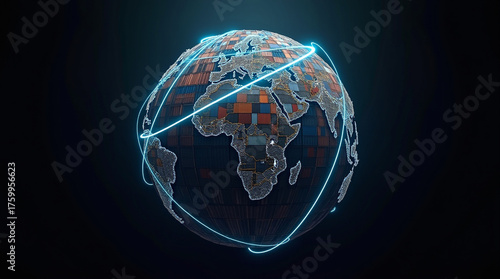 Global trade network concept featuring a stylized earth constructed from shipping containers, illuminated by glowing blue lines symbolizing interconnected trade routes across the continents