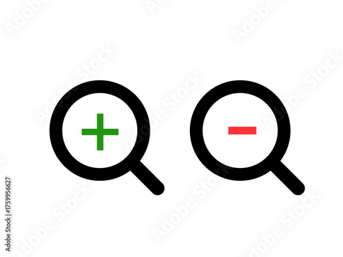 Zoom in and zoom out icons – magnifying glass with plus and minus sign isolated on transparent background