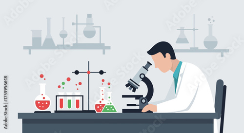 Scientist using microscope with colorful liquids in laboratory equipment.