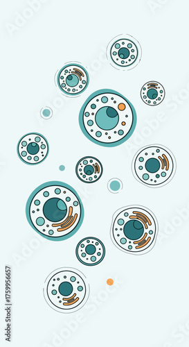 Abstract circular shapes with internal dots and lines in teal and orange.