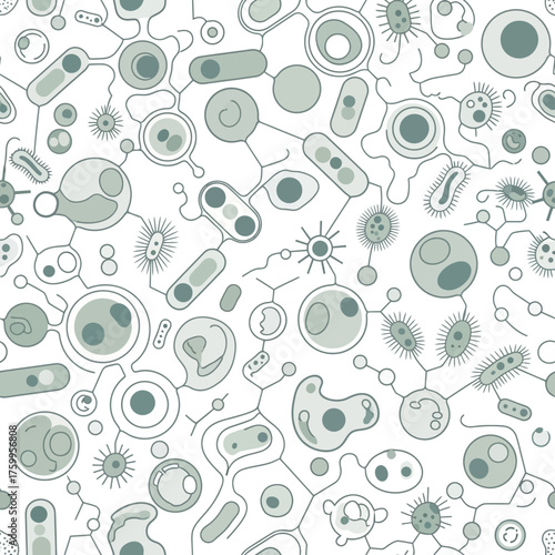 Various stylized microorganisms and cellular structures interconnected.