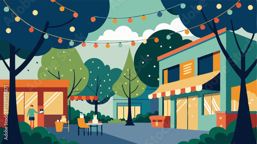 A bustling outdoor shopping area lined with trees and ling string lights offering a variety of stores and restaurants.