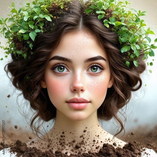 Artistic illustration. Abstract portrait of a girl in the form of the earth. Guardian of nature. Environmental issues.
