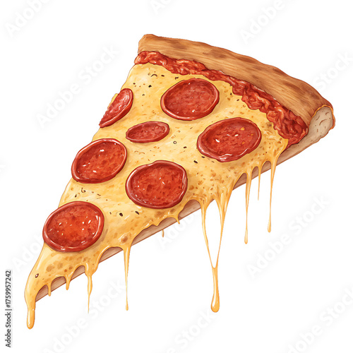 A delicious slice of pepperoni pizza with melted cheese dripping down on a black background perfect for food advertisements and menus