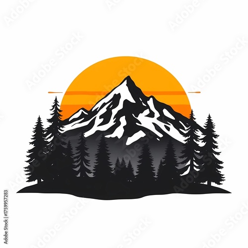 Artistic illustration. A simple landscape: sun, mountain, and tree silhouettes on a white background.
