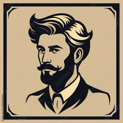 Classic Mustache and Beard Illustration: Distinguished Male with Vintage Haircut Vector Art