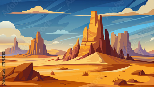 A desert landscape is punctuated by craggy outcrops standing tall against the endless expanse of sand.