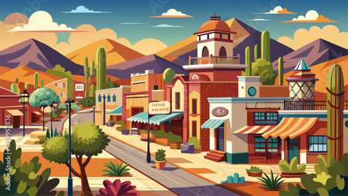Very beautiful daytime view of the historic downtown district of Tubac, Arizona, USA, showcasing adobe-style buildings, colorful art galleries, and rustic charm beneath the clear desert sky.