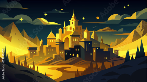 A city bathed in a golden glow at night resembling a fairytale land with its shimmering lights and elegant architecture.
