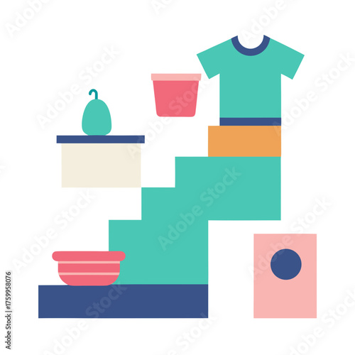 Laundry vector illustration showing washing drying clothes and supplies scalable graphic