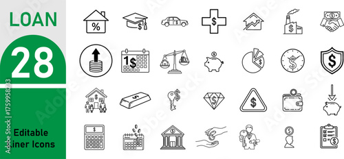 Set of line icon related to Loan, salary, money, business. Editable stroke. Vector illustration on white background