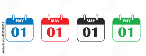 May First Date Calendar Icon Set in Flat Design Style, Important Reminder and Event Planning Symbol Collection