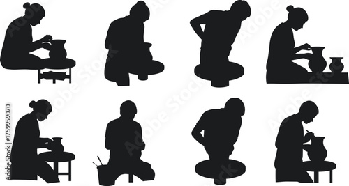 Silhouette of potter shaping clay vase on pottery wheel, ceramic artist crafting handmade pottery in creative workshop setting