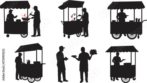 Silhouette street food vendor cooking at food cart, selling snacks and fast food on wheels, urban street market concept