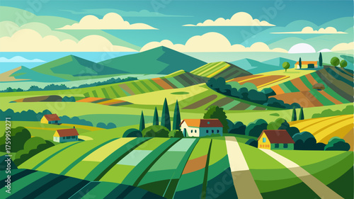 A birdseye view of a sprawling rural landscape with rolling hills of green patchwork fields and small s of farmhouses.