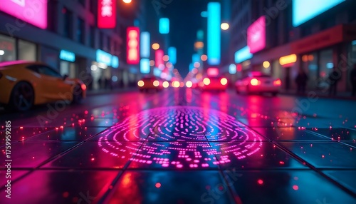 Abstract Fingerprint Pattern with Neon Lights in City Background, Futuristic City with Biometric Data Visualization, Cyberpunk Fingerprint: Digital Identity in a Neon, created with generative ai