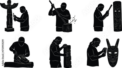 Silhouette artisan carving tribal wooden masks and totem poles, traditional craftsmanship, handmade wood sculpture, creative cultural art design, workshop crafts