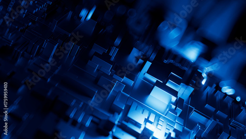 Fototapeta Naklejka Na Ścianę i Meble -  3D abstract sci-fi illustration with greeble effect. Futuristic tunnel of glowing metal blocks with depth of field, inspired by space and science fiction aesthetics.