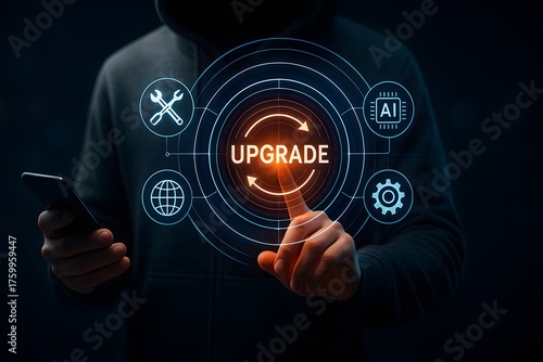 Person tapping glowing upgrade interface for software and ai improvements