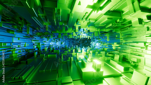 Fototapeta Naklejka Na Ścianę i Meble -  3D abstract geometric background with metallic blocks, blue and green neon lights, and depth of field.