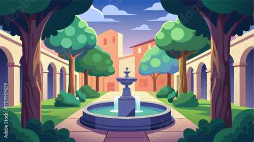 A hidden courtyard filled with towering trees and bubbling fountains providing a peaceful sanctuary in the heart of the city.