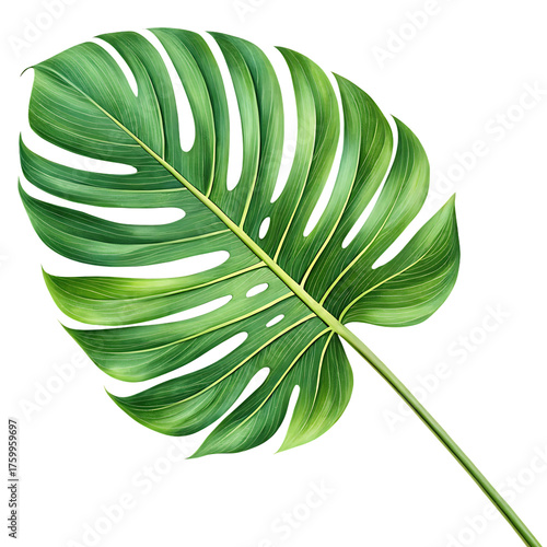 A vibrant detailed watercolor painting of a large iconic monstera deliciosa leaf with its characteristic fenestrations set against a stark black background