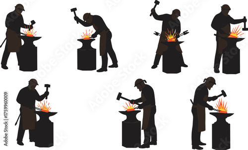 Silhouette of blacksmith working with hammer and anvil, forging hot metal, traditional craftsmanship, industrial labor, handmade tool production illustration