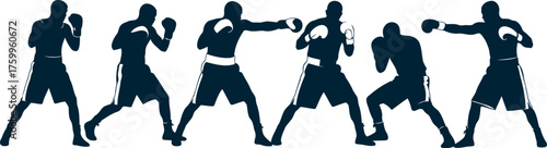 Vector silhouettes of boxer stand with pose, running with action