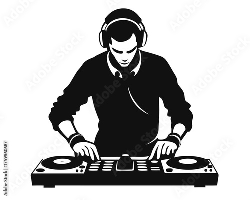 Dynamic dj mixing music silhouette with vibrant colors on a clean white background for events and parties