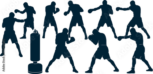 Set of silhouettes of boxer fighting. Boxer in different pose black silhouette set 