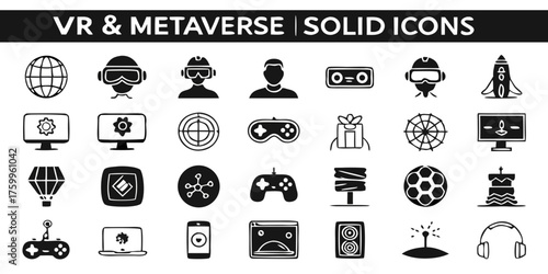 Vector illustration of virtual reality & metaverse solid icon set for web 