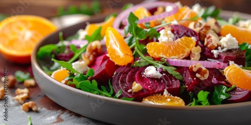 Vibrant beet and orange salad with fresh greens on ceramic plate, surrounded by warm lighting and rustic background, viewed from above, evokes freshness and zest. Neural network AI generated