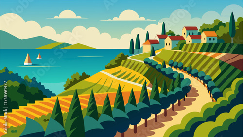 A picturesque vineyard cascading down the hills towards the sea with rows of grapevines basking in the warm Mediterranean sun.