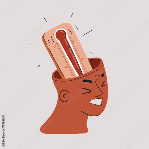 Cartoon vector illustration of a man with a thermometer inside his head, symbolizing anger rising like heat under pressure