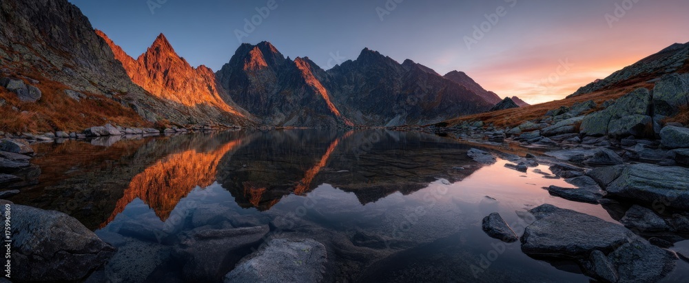 Obraz premium Mountain range reflected in calm lake during sunset sky landscape view