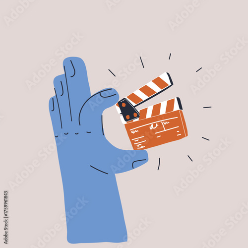 Cartoon vector illustration of a hand holding a clapperboard, symbolizing creativity as the start of a cinematic journey