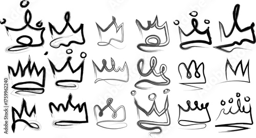 Collection of abstract hand drawn crown icons in black and white