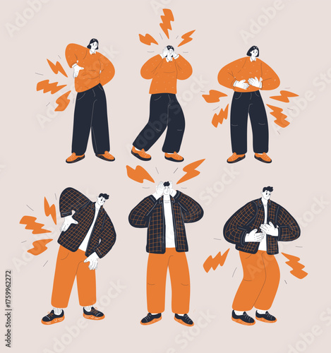 Cartoon vector illustration of a man and woman carrying invisible weights, symbolizing hidden pain in back, head, and stomach
