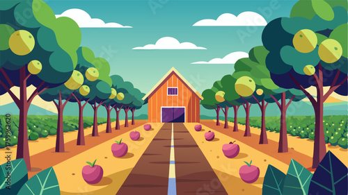 An idyllic view of a charming orchard filled with rows of towering fig trees and a quaint wooden barn in the distance.