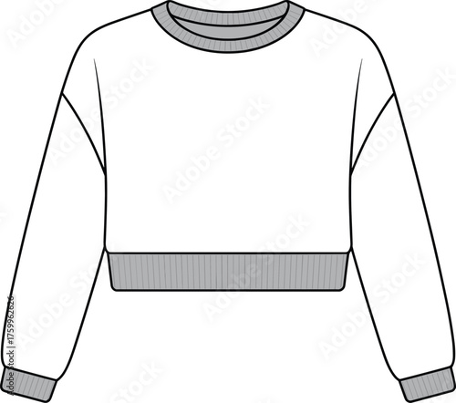 Cropped sweatshirt fashion illustration, crew neckline, long sleeves, ribbed cuffs and hem, minimal garment sketch for casualwear design template