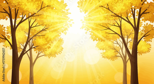 Golden autumn trees with sun rays shining through the leaves