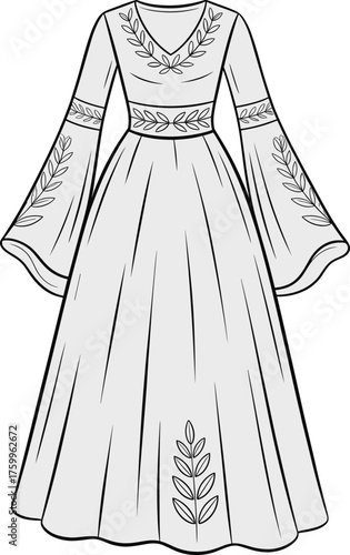 Elegant long dress fashion illustration, V-neckline, bell sleeves, leaf motif details, ornamental sketch for garment design and coloring template