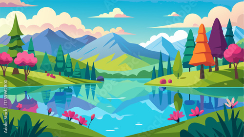 A pictureperfect scene unfolds at this countryside lake with crystalclear waters reflecting the majestic trees and vibrant blooms that flourish along its shore.